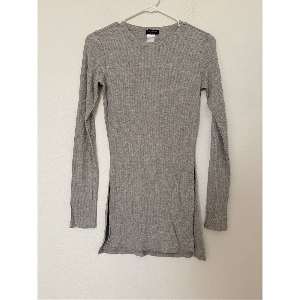 Naked Wardrobe Ribbed Long Sleeve Top Gray Side Slit Fitted Stretch Tee NWOT
